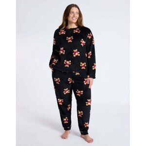 Joyspun Women's Plush Long Sleeve Top and Pants Pajama Set Black Soot Size 3X
